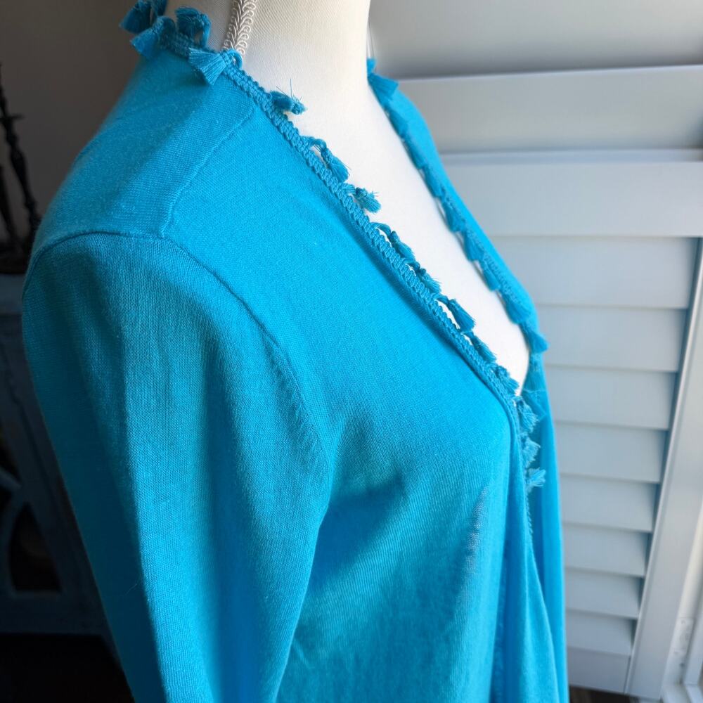 CHICO'S Blue Linen Blend Tassel Trim Open Front Cardigan Boho Sweater Size 1 - Picture 7 of 12